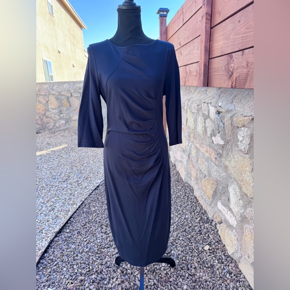 HOMEEYE Navy Blue Ruched Sheath Dress Large 3/4 Sleeve Bodycon Work EXCELLENT - Picture 8 of 13
